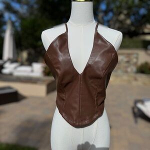 Brown Leather Like Halter Top
